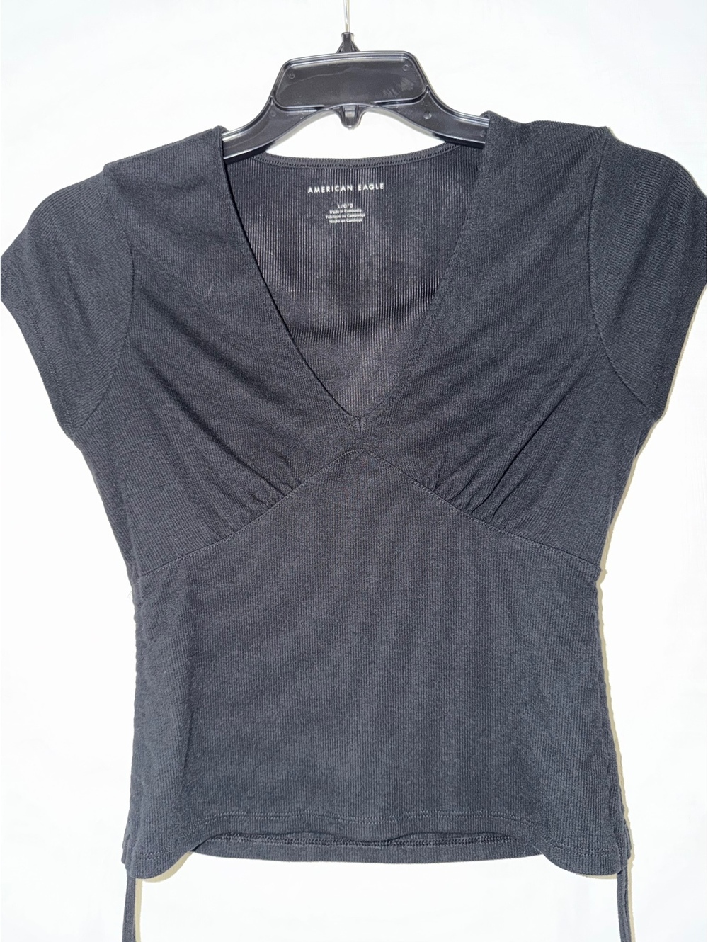 American Eagle Women’s L Black Ribbed Deep V Neck Empire Waist Y2K Top